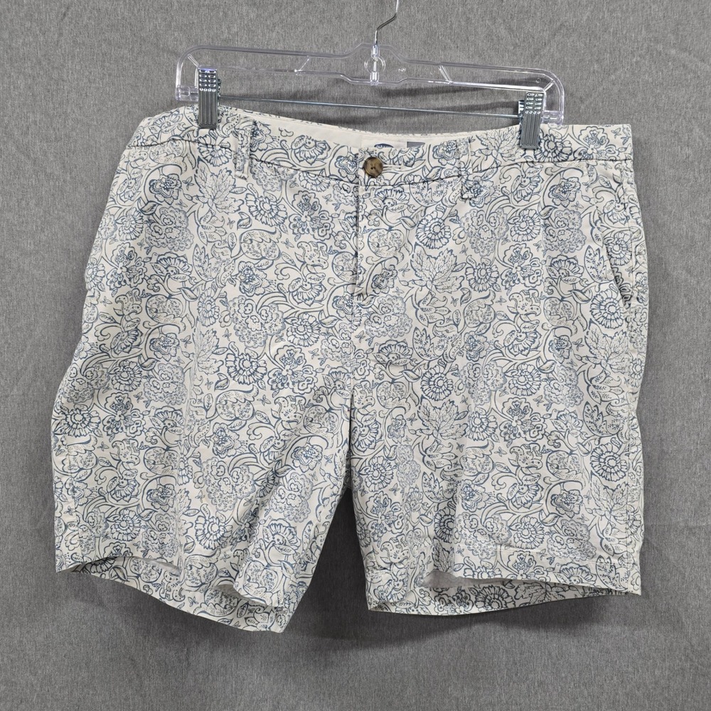 Old Navy Everyday Shorts Women 14 Blue White Floral Paisley Cotton 7 Inch Inseam